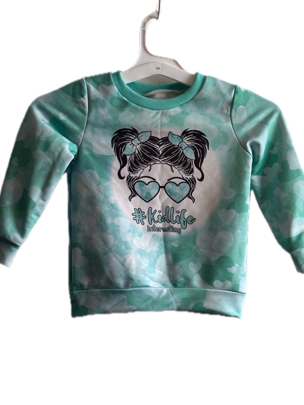 Green Heart-Print Kids Sweatshirt with Girl Graphic